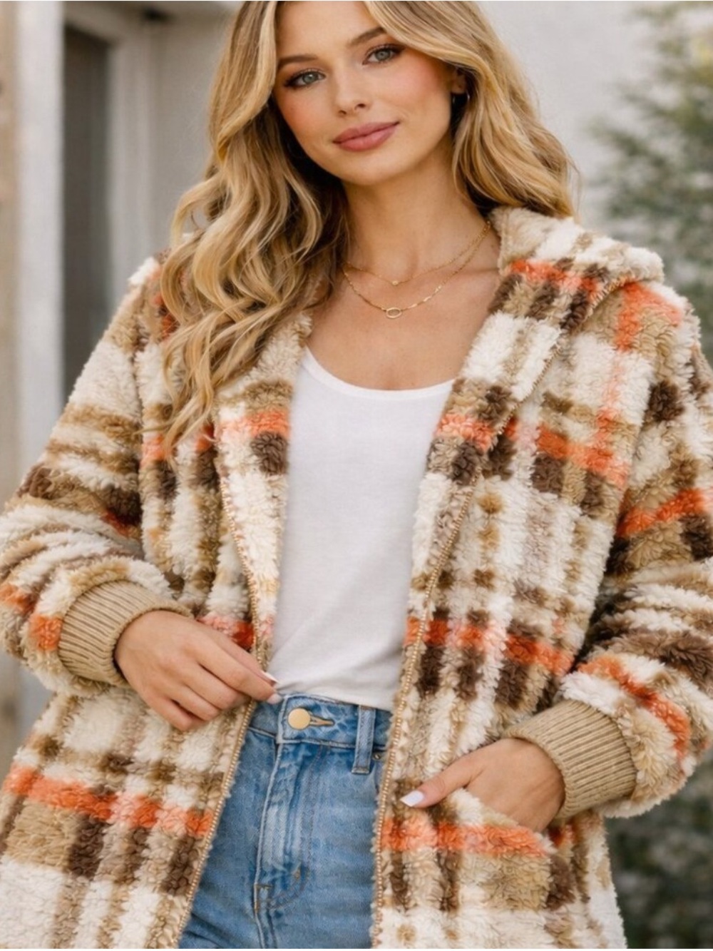 Mystree Cream Plaid Sherpa Cardigan with Brown and Orange Accents